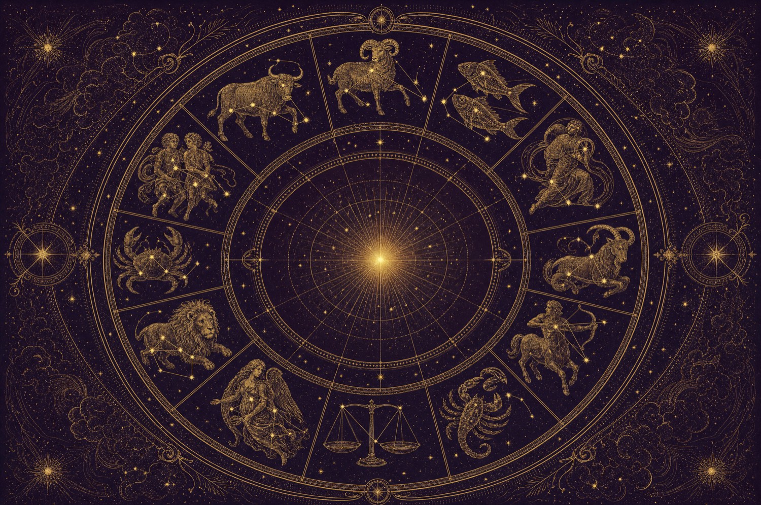 Ruota zodiacale incisa in oro antico: i dodici segni disposti in cerchio attorno a un sole raggiato